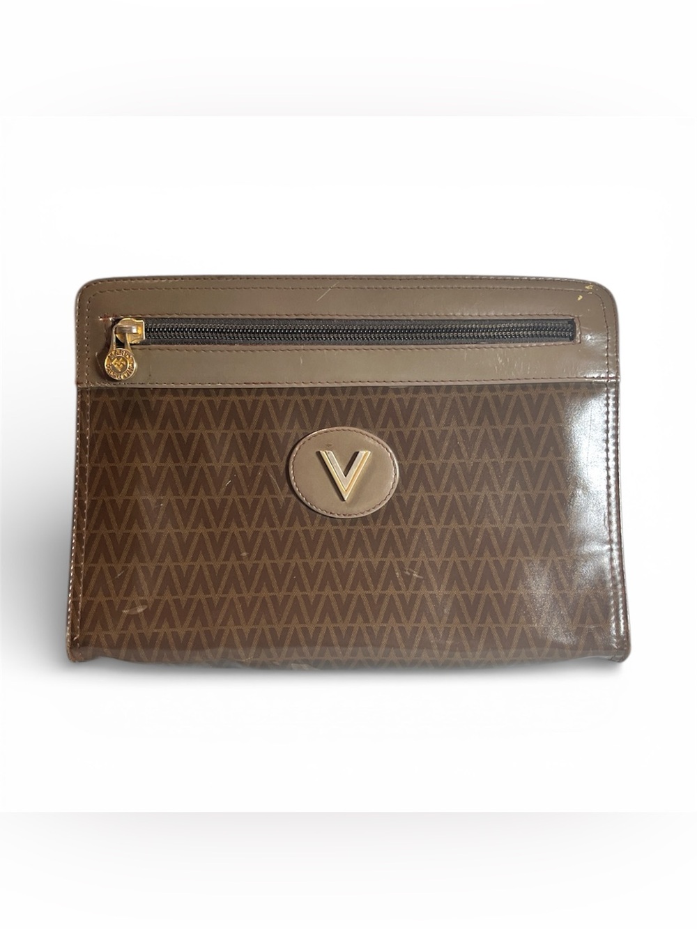 Mario Valentino Vintage Brown Monogram Pochette Clutch Bag Made In Italy